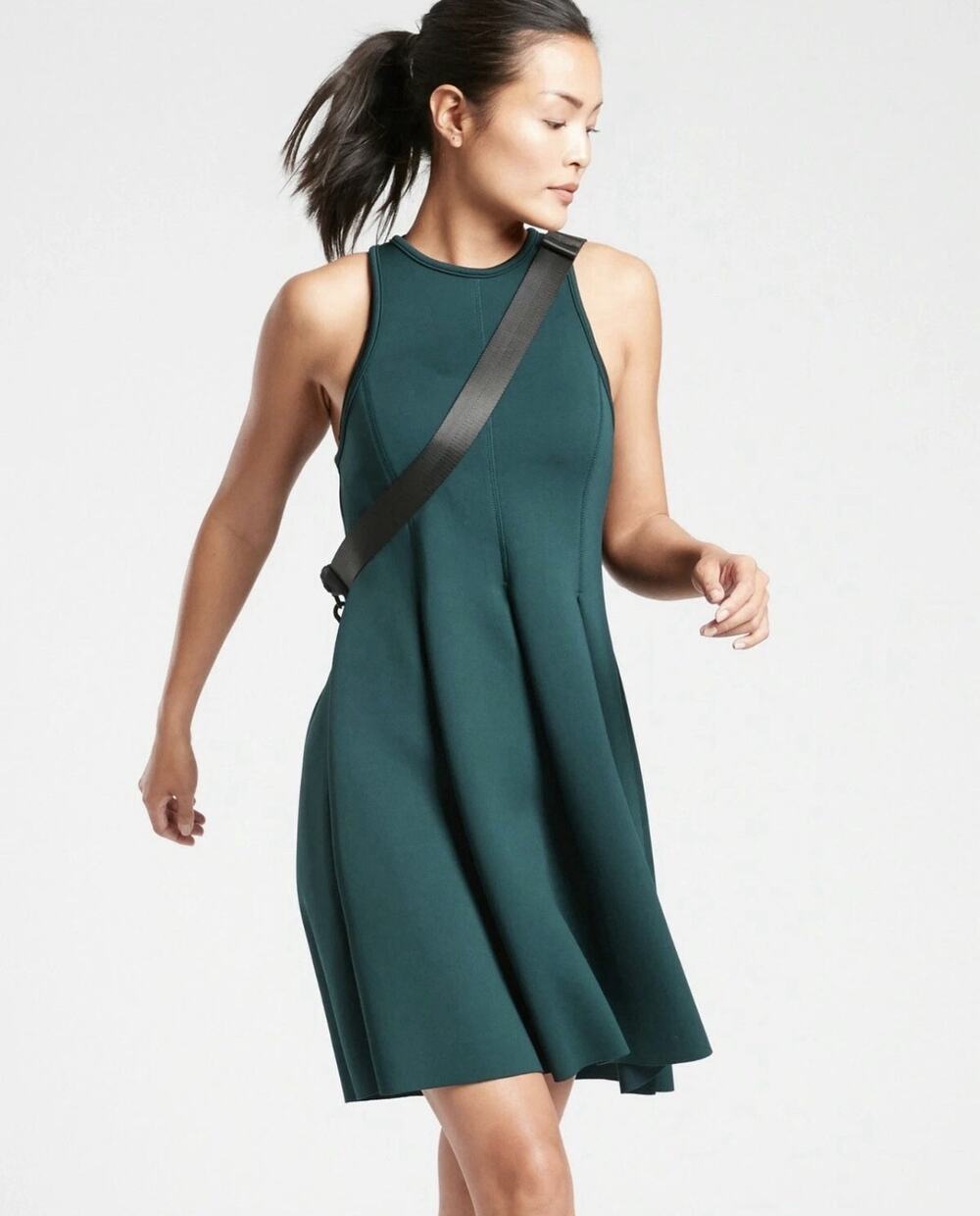 Athleta En Route Scuba Dress Size M Nordic Teal Fit & Flare Pleated Sporty NWT